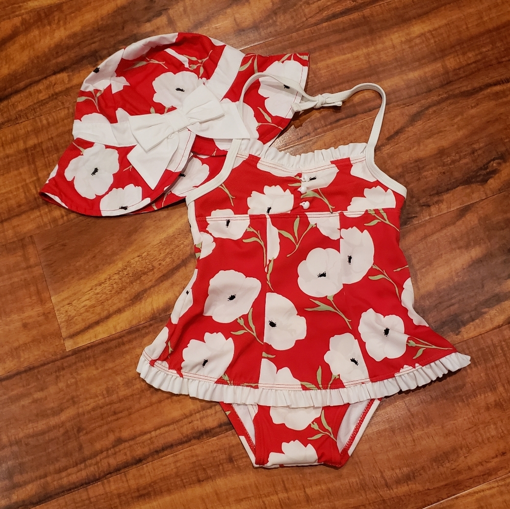 Janie and Jack NWT 12-18 months red and white vintage poppy swimsuit and sunhat